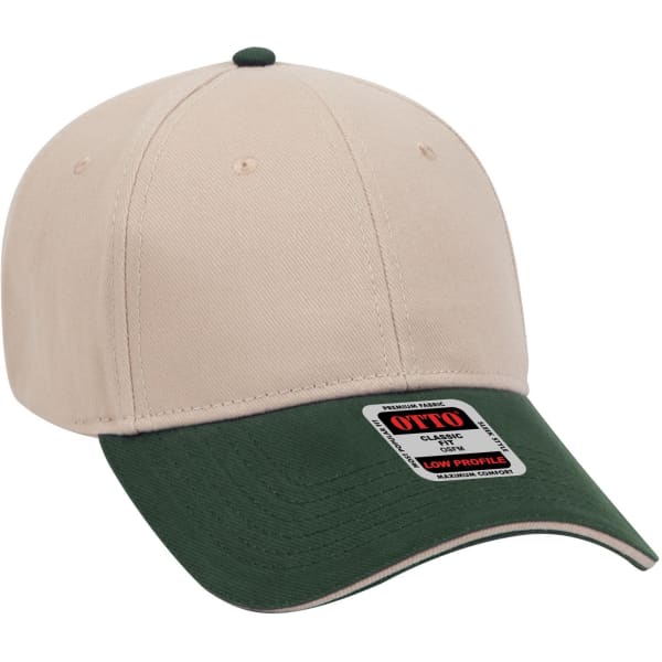 A beige and green six-panel low-profile baseball cap with a logo on the front.