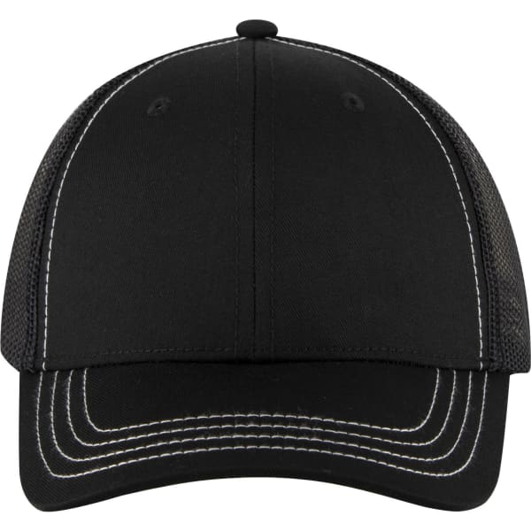A black low-profile trucker cap with mesh sides and contrasting stitching, featuring a logo on the front.