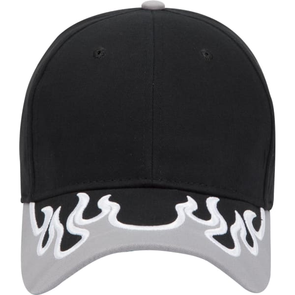 A black baseball cap with a flame design on the grey brim and a logo on the front.
