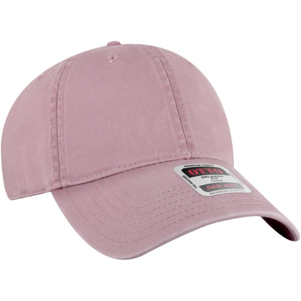 A pink low-profile dad cap with a curved brim and an attached logo.