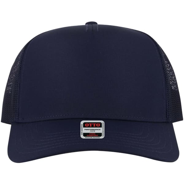 A navy 5 Panel Mid Profile Trucker Cap with mesh sides and a branded label on the front.