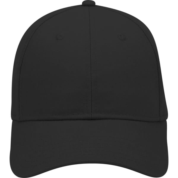 A black 6 panel low profile baseball cap, featuring a rounded crown and stitched detailing. It includes a logo.