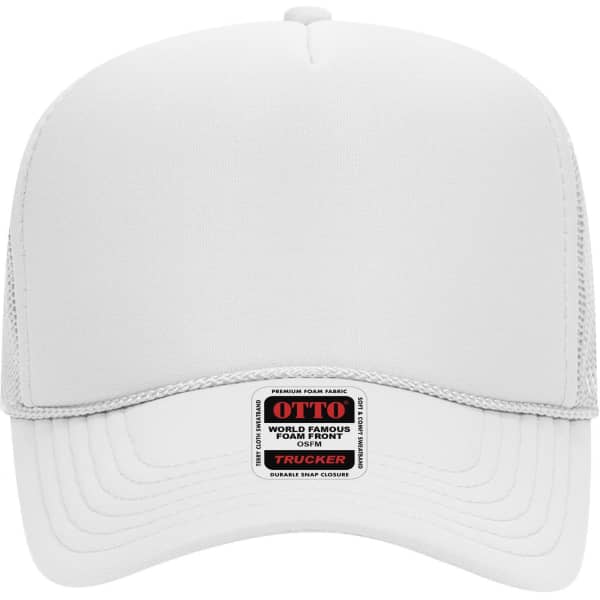 A white 5 panel mid profile trucker cap with mesh sides and a branded label on the front.