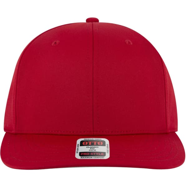 A red 6 panel pro style snapback hat with no visible logos or branding. Features a flat brim and structured design.