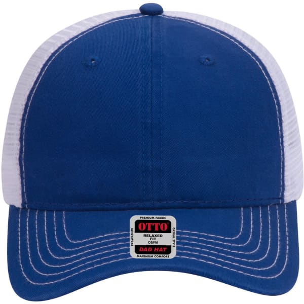 A blue trucker cap with a low profile and white mesh backing, featuring a label with branding.