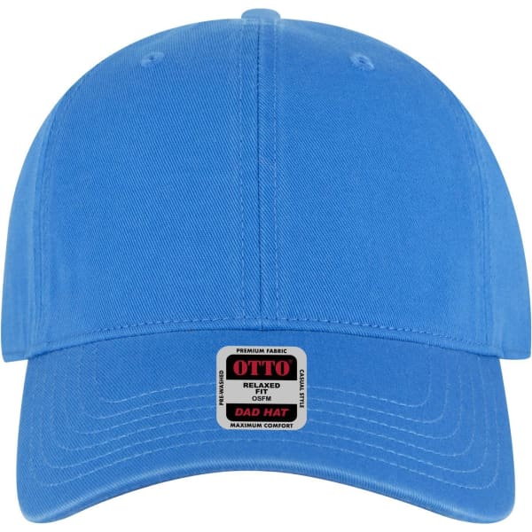 A blue 6 panel low profile dad cap featuring a logo on the front and a relaxed fit design.