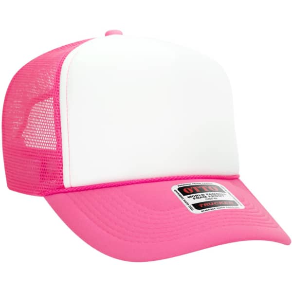 A pink and white 5 Panel High Crown Trucker Cap with a mesh back and a logo on the front.