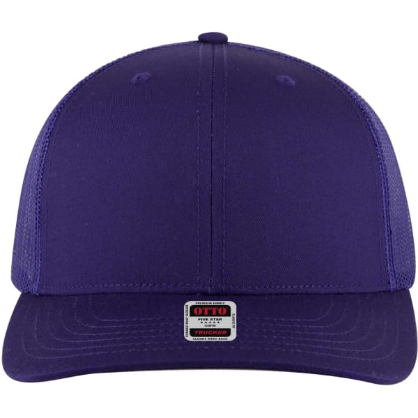 A purple 6-panel mid profile trucker cap with a mesh back and a small logo on the front.