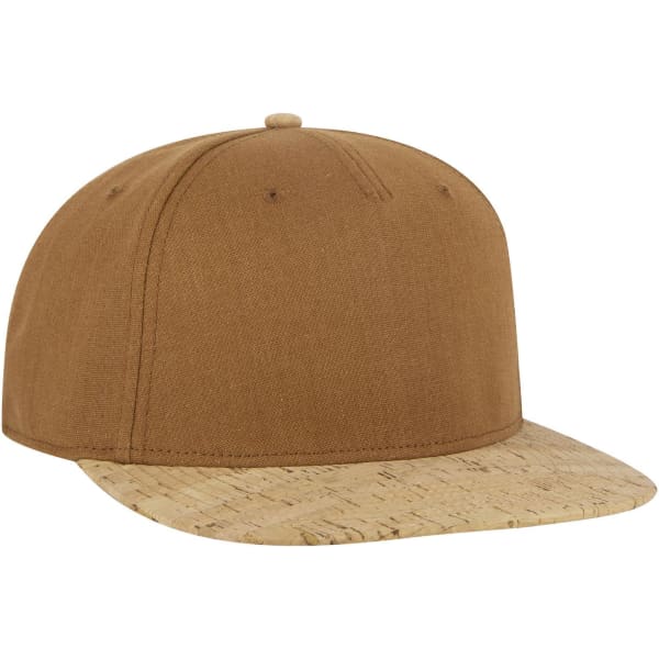 A brown snapback cap with a cork visor and a logo on the front.