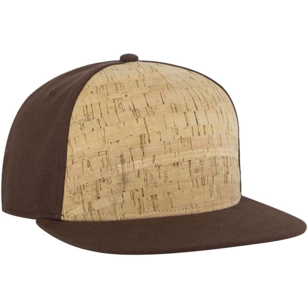 A 5-panel snapback cap featuring a cork front panel and brown fabric sides and brim. Includes a logo.