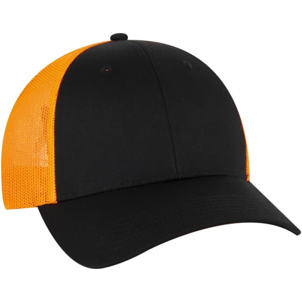 A black and orange 6 panel low-profile trucker cap with a mesh back and a logo on the front.