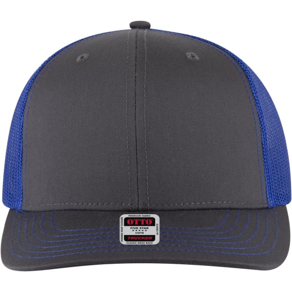 A 6 panel mid profile trucker cap in grey with blue mesh sides and a logo on the front.