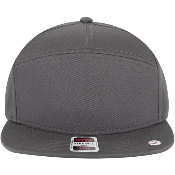 A grey 7 panel mid-profile snapback cap featuring a flat bill and a logo on the side.