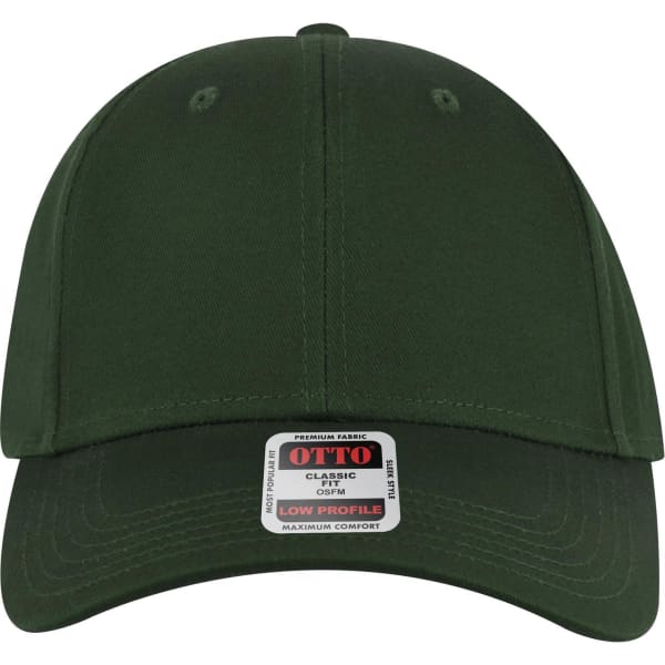 A green low profile baseball cap with a rounded crown and a front panel featuring a logo.