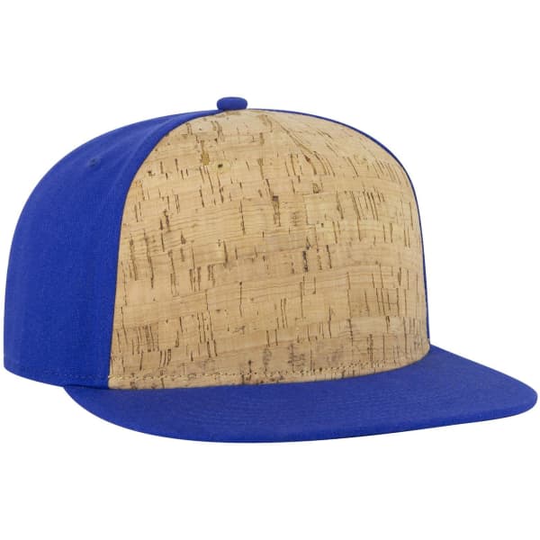A blue snapback cap featuring a cork front panel and a solid blue brim. It includes a logo on the side.