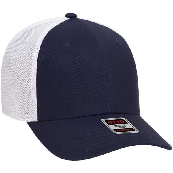 A navy blue and white six-panel low profile baseball cap, featuring a mesh back and a branded label.