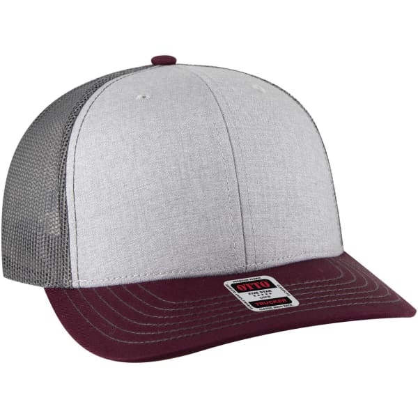 A grey and burgundy 6 panel mid-profile trucker cap with a mesh back and a logo on the front.