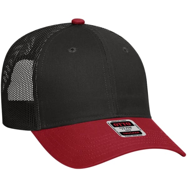 A low profile trucker cap featuring a red front panel and black mesh back, with a logo on the front.