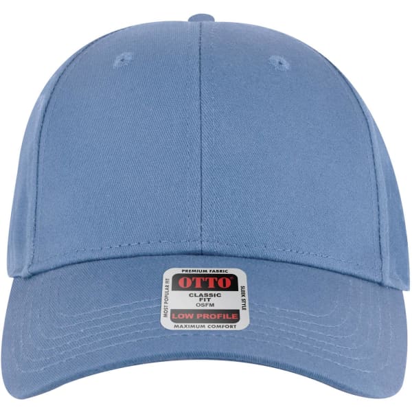A low profile baseball cap in light blue with a logo and a flat brim.