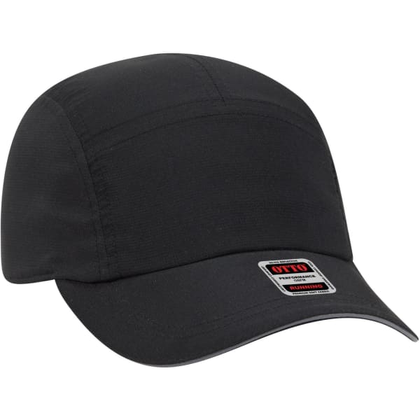 A black reflective five-panel running cap featuring a front panel and a branded patch.