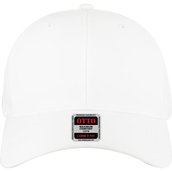 A white baseball cap featuring a low profile and a logo tag on the front.