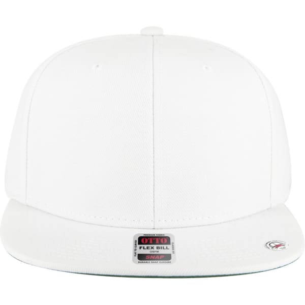 A white 6-panel mid profile snapback cap featuring a flat brim and a logo label on the front.