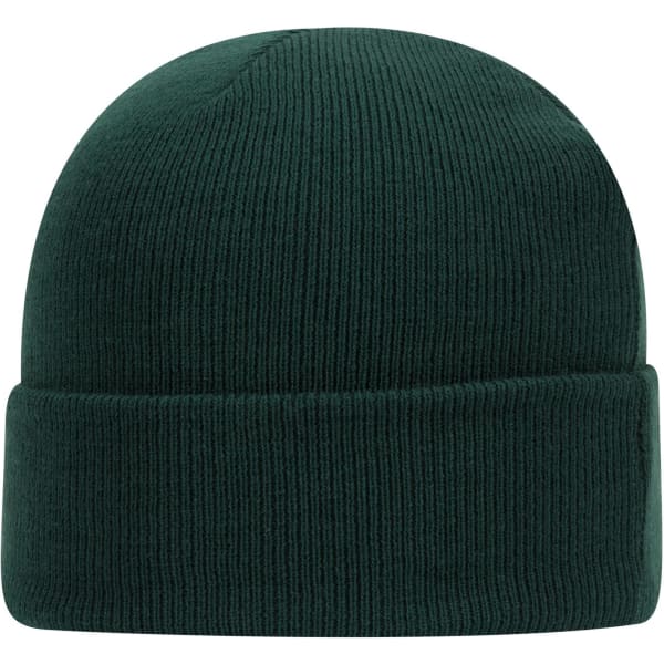 A dark green knit beanie with a rolled cuff and ribbed texture. It features a logo on the side.