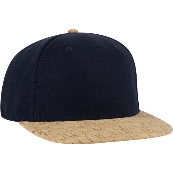 A navy cap with a cork brim and a logo on the front. The design features a structured fit and flat peak.