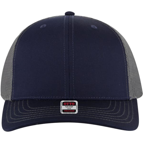 A navy 6 panel mid profile trucker cap with grey mesh panels and a logo on the front.