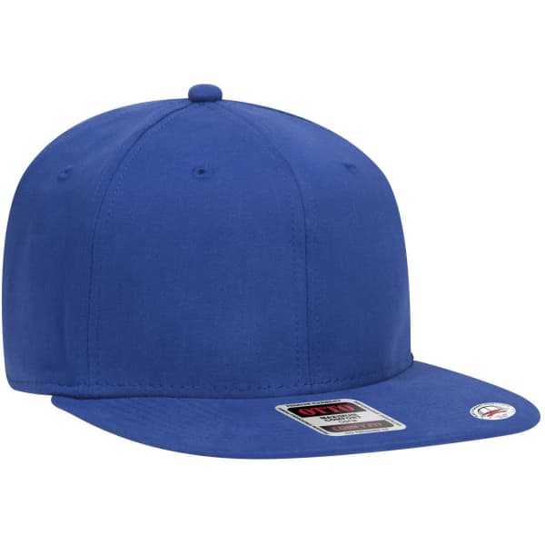 A blue 6 panel mid-profile snapback cap with a smooth finish and a logo on the side.
