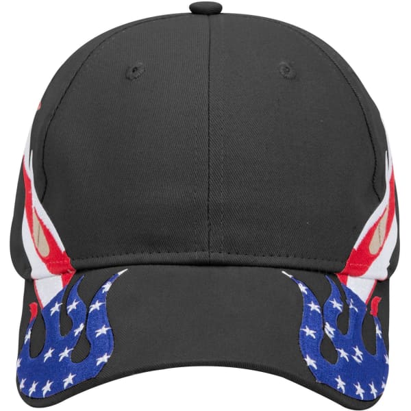 A black 6-panel low profile baseball cap with flame designs in red and white, and a blue star-patterned accent.