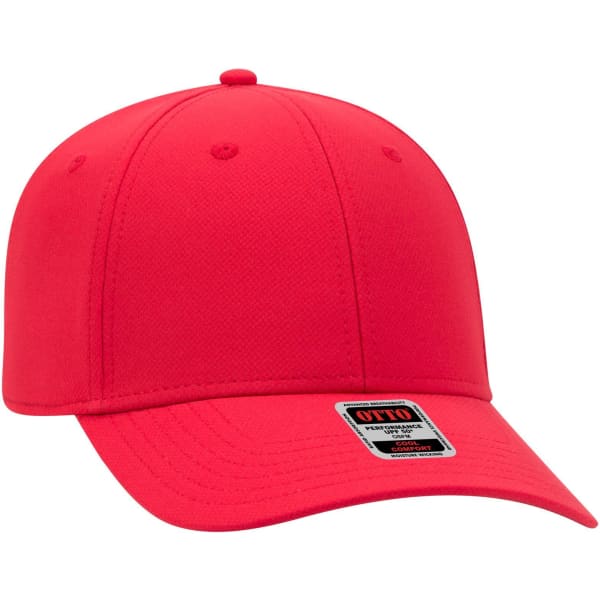 A red UPF 50+ 6 panel low profile baseball cap with a logo on the side.