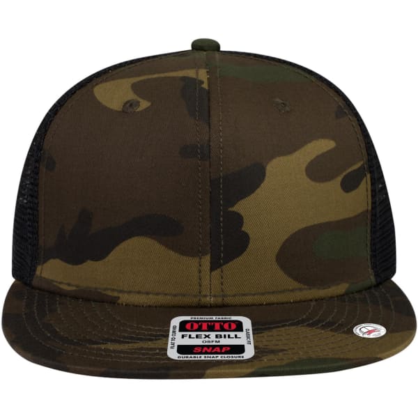 A camouflage 6 panel mid profile trucker cap with a flex bill and a logo on the front.