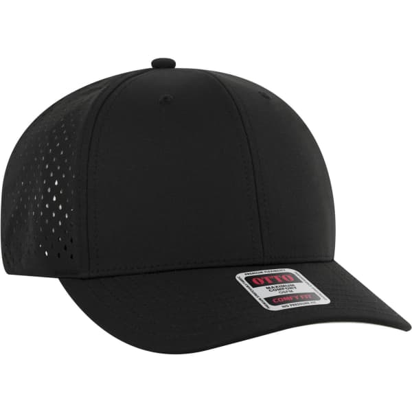 A black six-panel mid-profile baseball cap featuring ventilation holes, with a logo on the side.