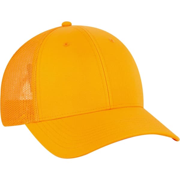 A bright yellow 6-panel low profile trucker cap with mesh sides and a curved brim. It features a logo on the front.