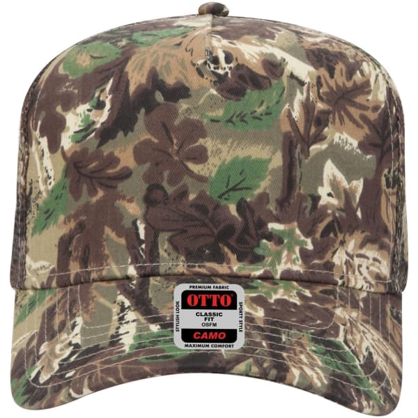 A camo 5 panel mid crown trucker cap in green, brown, and tan with a logo on the front.