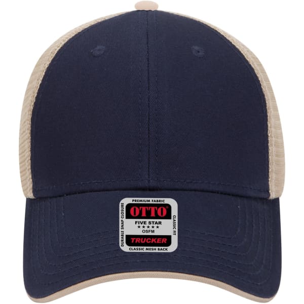 A 6-panel low profile trucker cap in navy with a beige mesh back and a logo on the front.