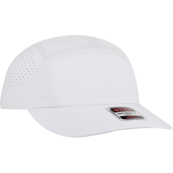 A white 5 panel running hat featuring perforated detailing and a branded tag on the front.
