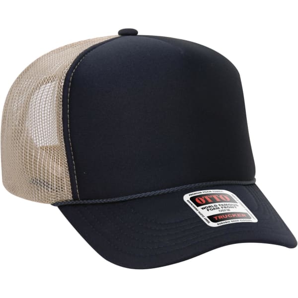 A high crown trucker cap featuring a dark navy front and a beige mesh back. It has a branded label on the front.