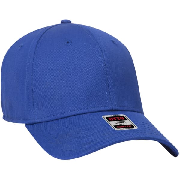 A blue six-panel low profile baseball cap featuring a logo on the front.