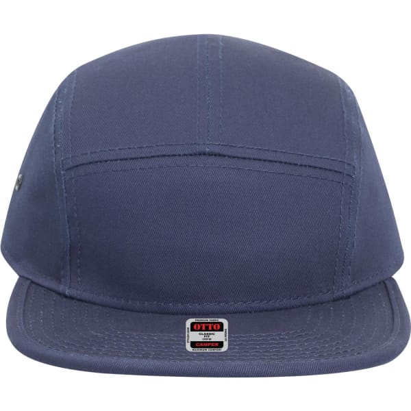 A navy 5 Panel Camper Hat featuring a flat brim and a logo on the side.