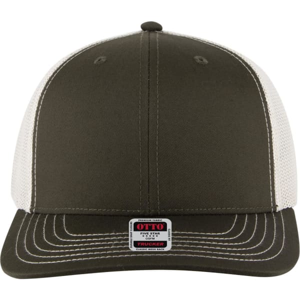 A green and white 6 panel mid profile trucker cap with a mesh back and a small logo on the front.
