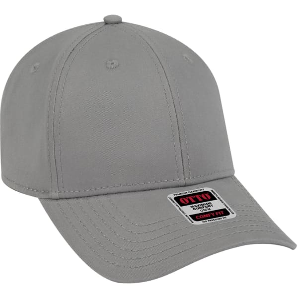 A grey, six-panel low profile baseball cap with a branded label on the front.