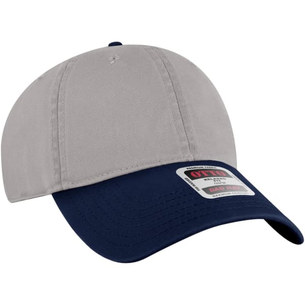 A grey and navy 6 Panel Low Profile Dad Cap featuring a logo or branding on the front.