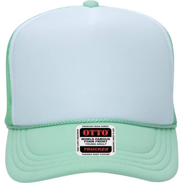 A 5 panel high crown trucker cap in light blue and mint green with a logo on the front.