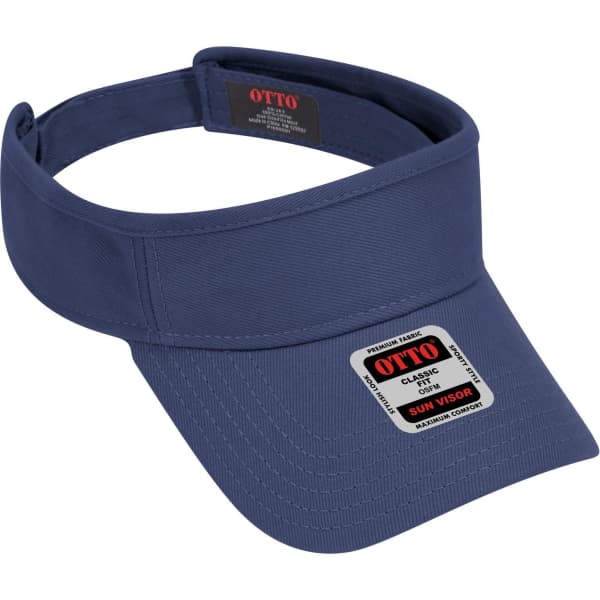 A navy blue sun visor with a wide brim and a branded label on the front.