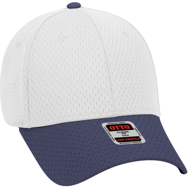 A low profile baseball cap in white and navy, featuring a logo on the front and a structured design.