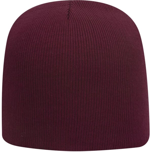 A classic knit beanie in a deep burgundy colour, featuring ribbed texture and a logo.