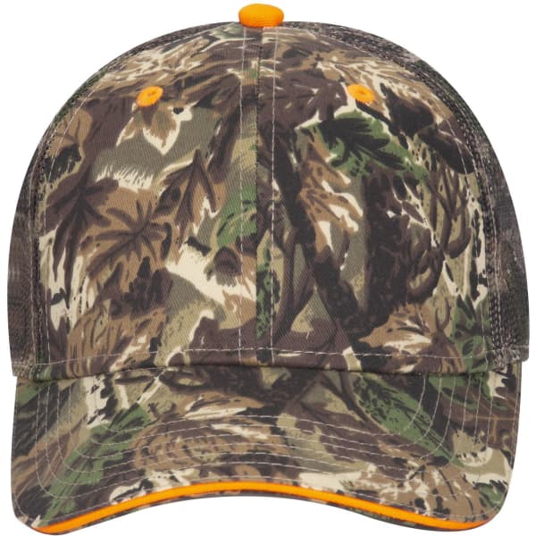 A camo-patterned low profile trucker cap featuring shades of green, brown, and orange accents with a logo.