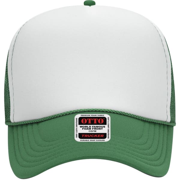 A green and white 5-panel mid-profile trucker cap featuring a mesh back and a logo on the front.